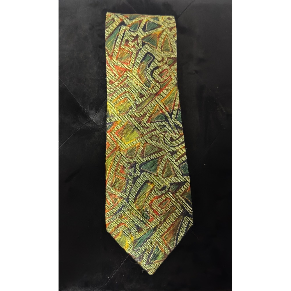 Basile Italy Mens Silk Tie Geometric Abstract Green Gold Red Jacquard Made Italy